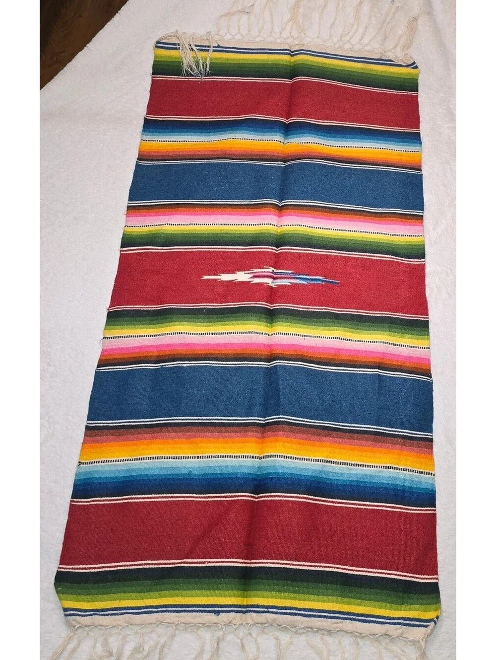 Vintage Mexican Saltillo Serape Wool Rug Runner 22x40 Handwoven Fringe